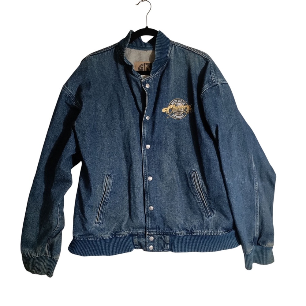 Vintage 90s Blue Denim Jean Jacket Cheers Meet Me In Anchorage Snap Closure Sz L